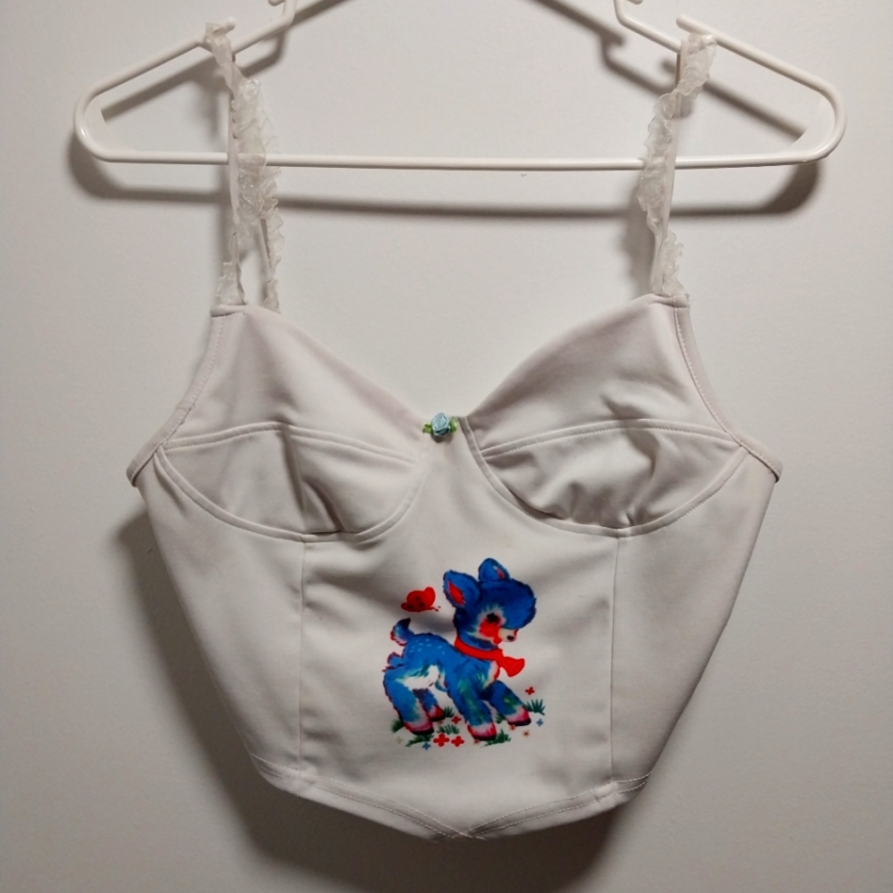 White Bustier Top with Blue and Red Deer Design